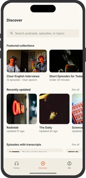 Discover screen with curated podcast collections and recently updated shows