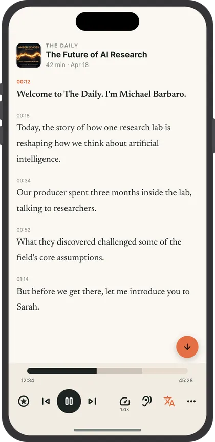 Podvance playing an episode with the transcript following along and the current line highlighted